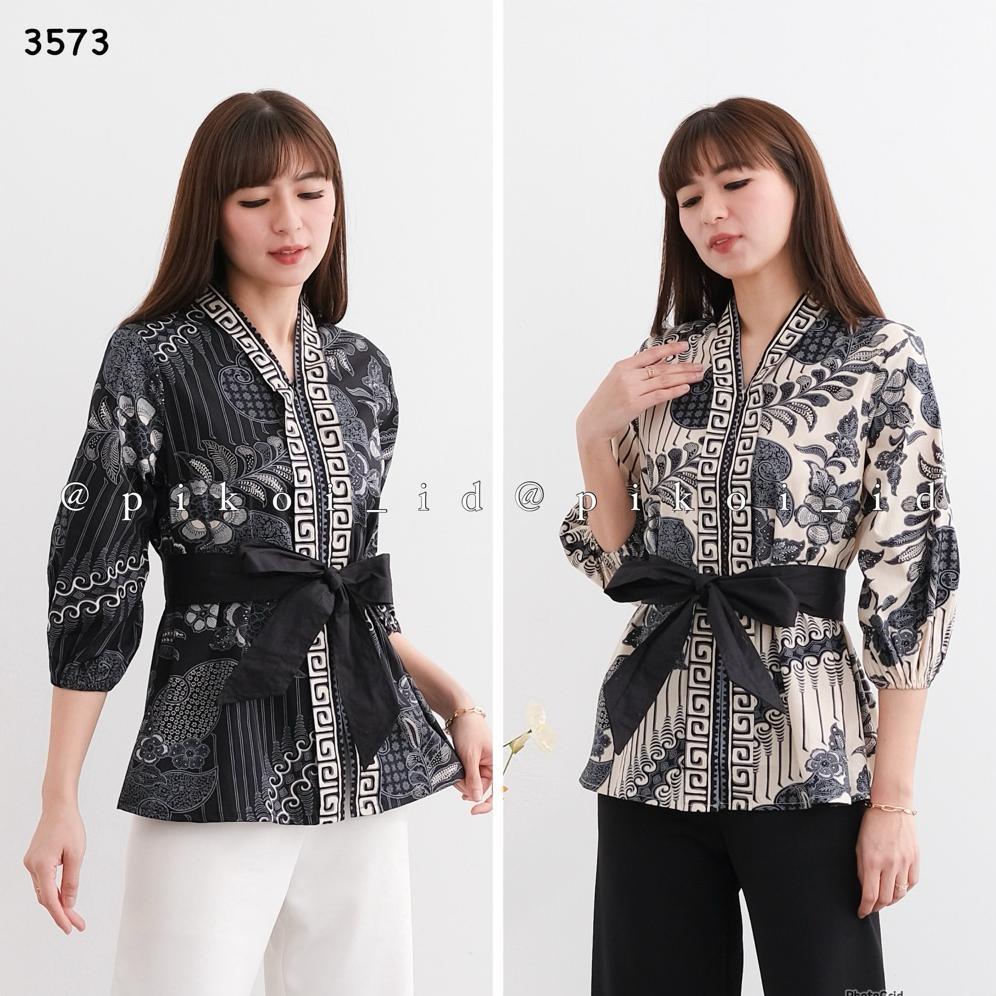 Atasan wanita batik modern v neck lengan balon pastel / baju batik busui modern zipper dan belt 3573