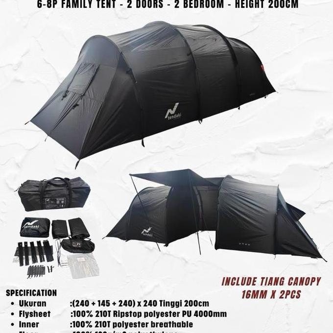 TENDAKI MALANO 6.2 Tenda Camping Outdoor Keluarga Dua Kamar Rangka Fiber Bahan T210 Ripstop tahan hu