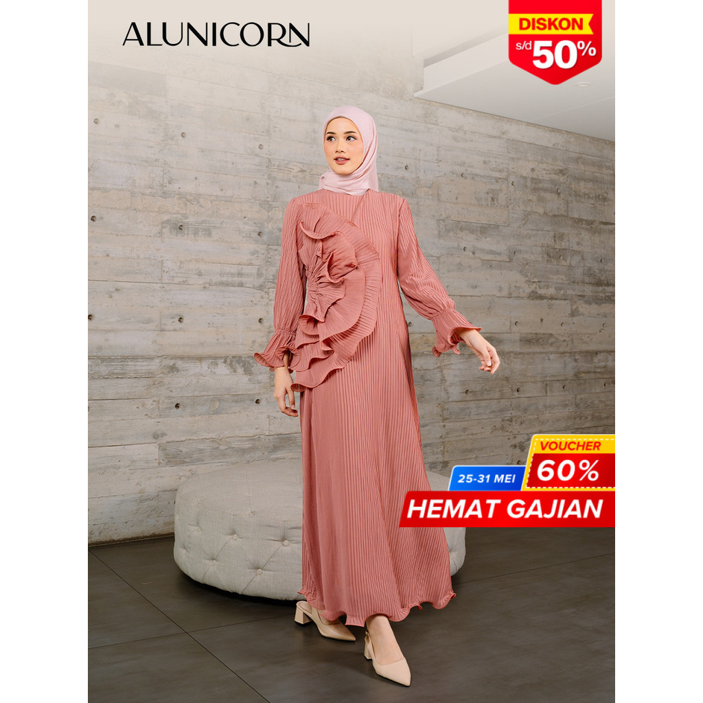 Alunicorn - Prisha Dress - Dress Plisket Mom's- Dress Lebaran Motif Bunga