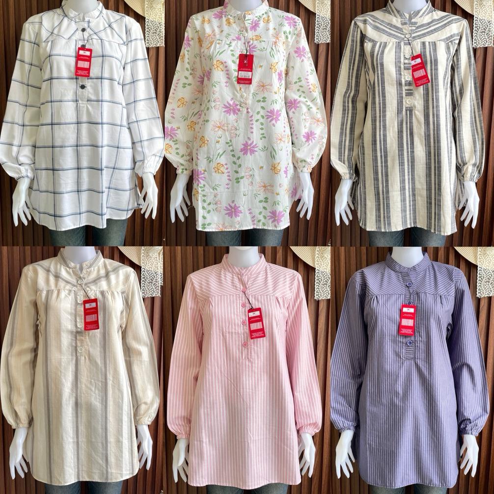 Tunik 3C Blouse Wanita Motif Kotak & Bunga Kerah Shanghai Katun Premium & Rayon | Atasan Lengan Panj