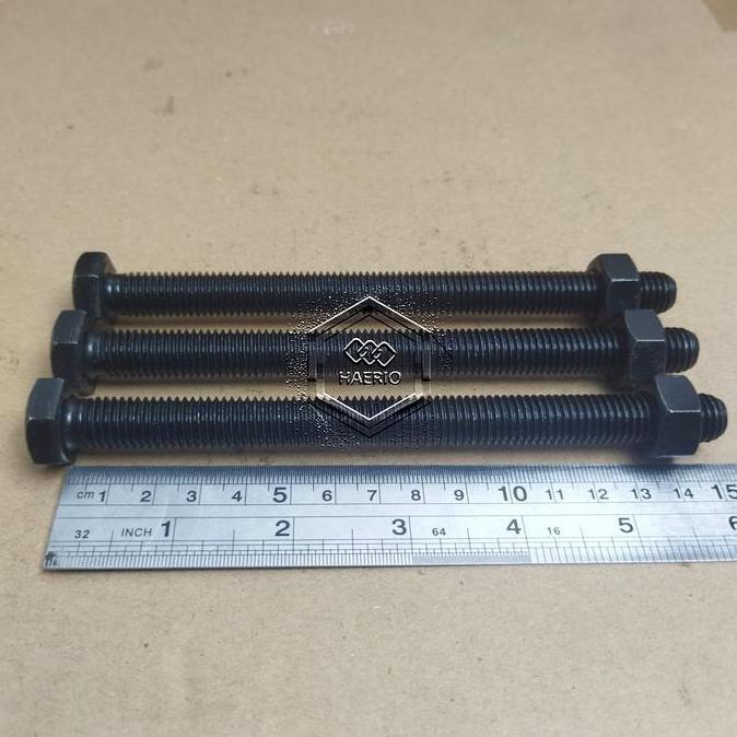 10 Biji Baut Mur Baja M12 X 150 Full Drat Panjang 15Cm Kunci 19 15 Cm Baud Htb Grade 8.8 Hitam M12X1