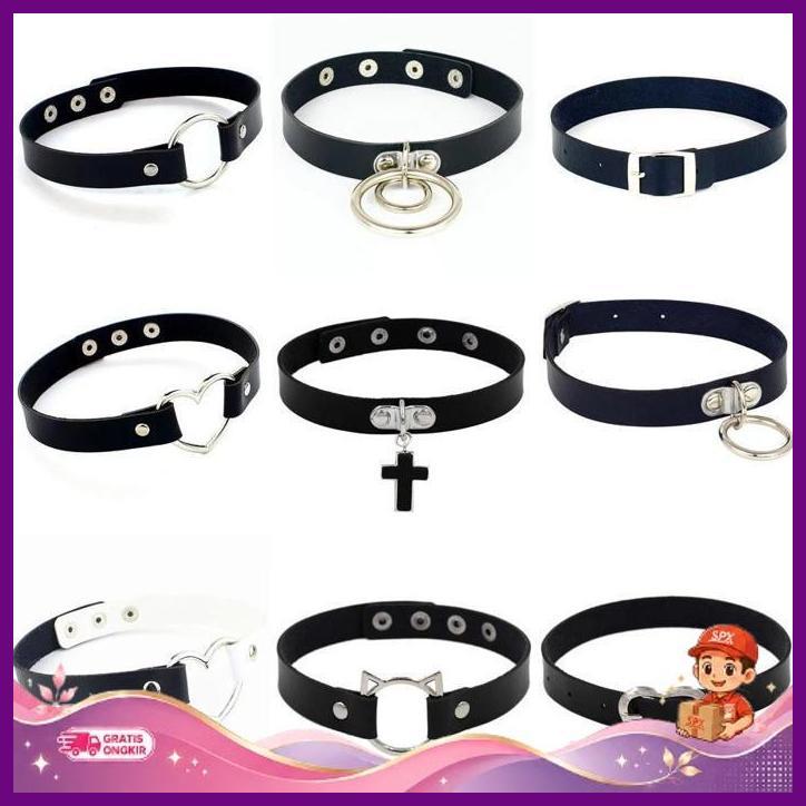 Choker Kulit Premium Ring Gesper Hati Salib Kucing Cosplay Punk Pu Leather Jepang Wajib Punya