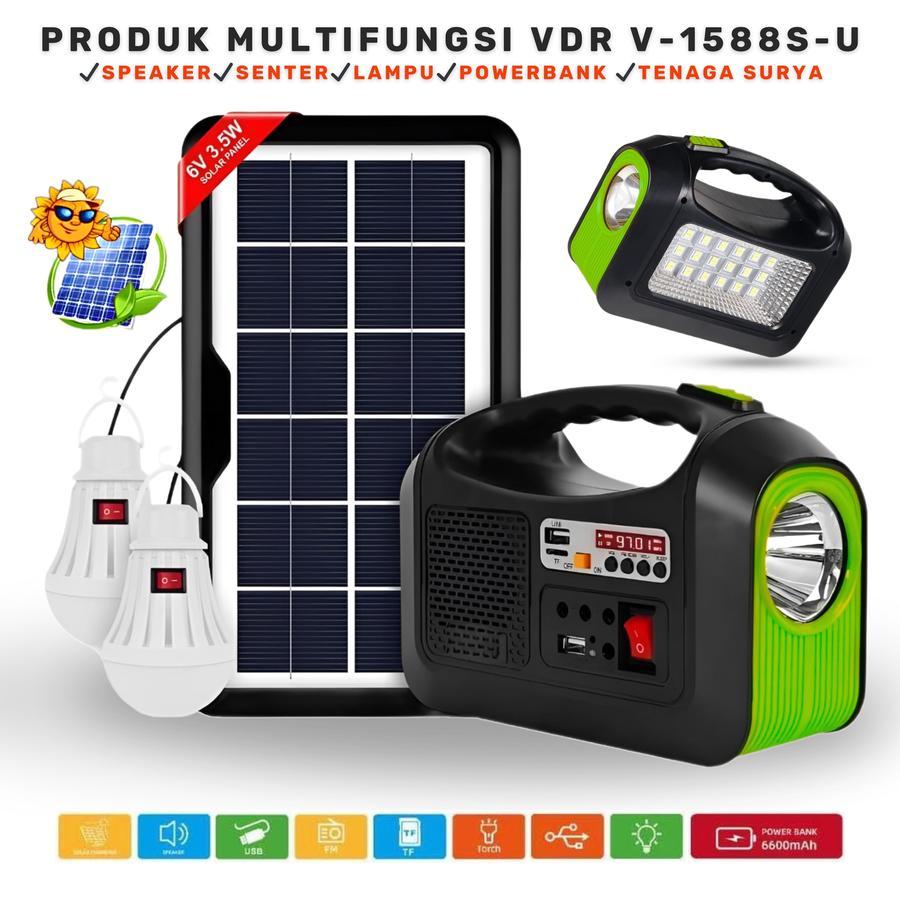 Solar Light Lampu Panel Surya Vdr V-1588S-U Dengan 2 Bohlam - Solar Lighting System Lampu Emergency 