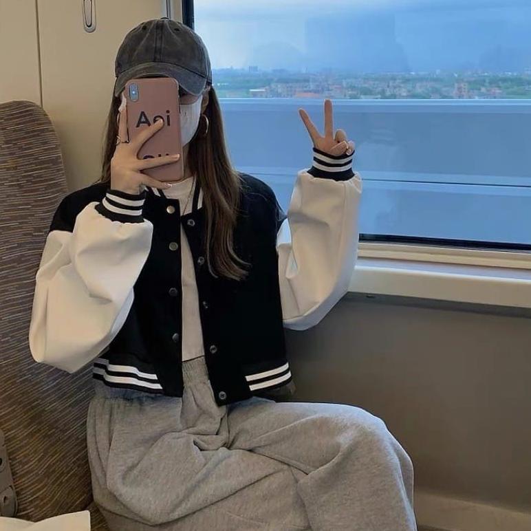 HOT DEALS Jacket Crop Baseball Wanita | Korean Style Varsity Cropped | Atasan Wanita | Jacket Crop W