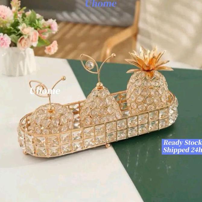 LEONHART 3PCS Ornament Kristal Buah / Pir/Nanas /Apel / Nampan Kaca Kristal Ornament Crystal Buah