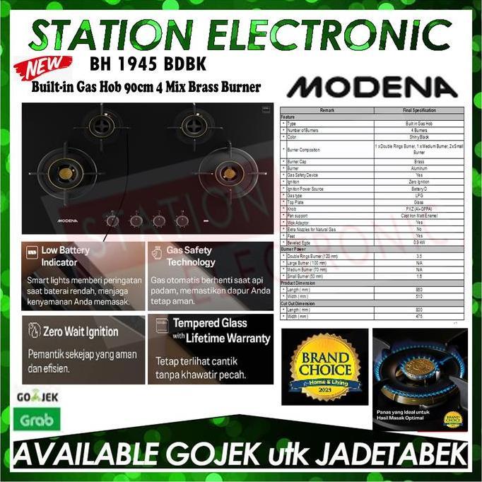 maydeztop- MODENA Kompor Gas 4 Tungku BH 1945 BDBK Mix Brass Burner Diskon