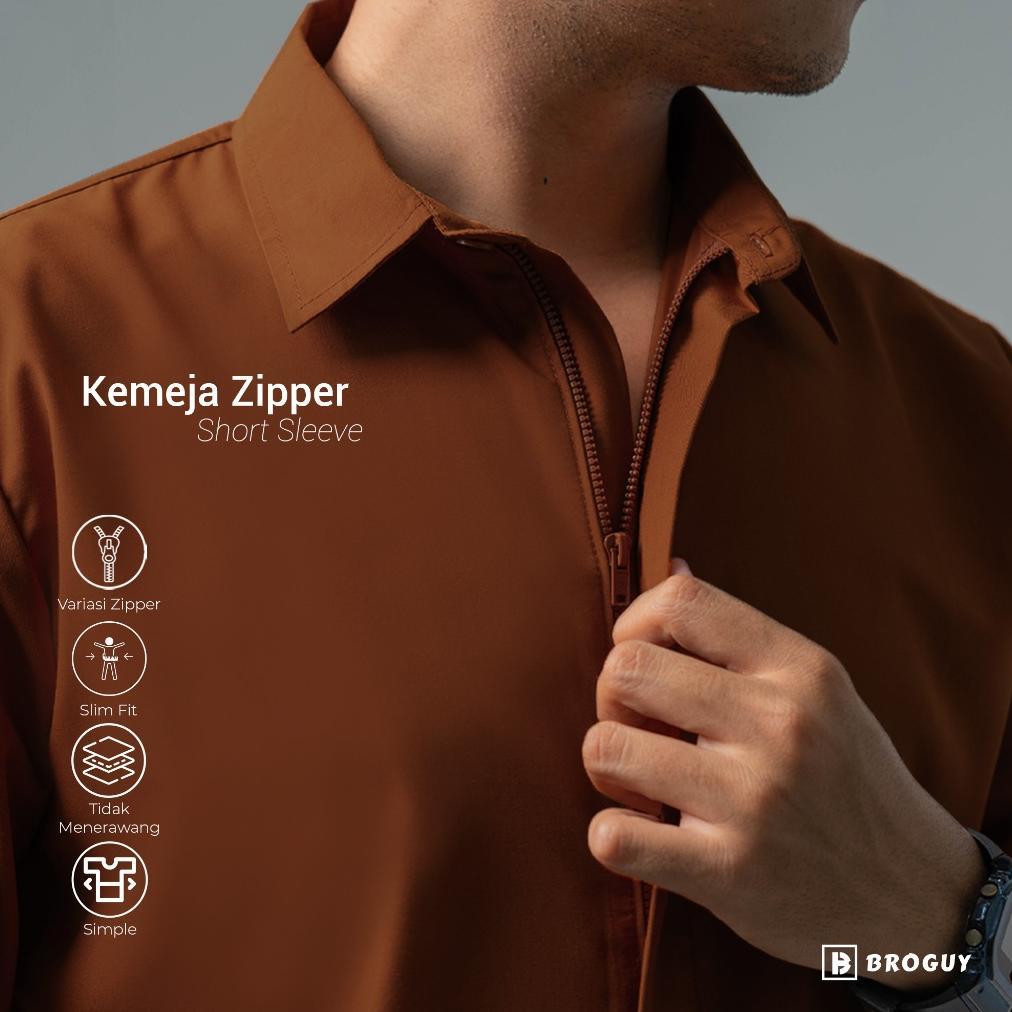 BROGUY Kemeja Zipper Pria Simple Lengan Pendek