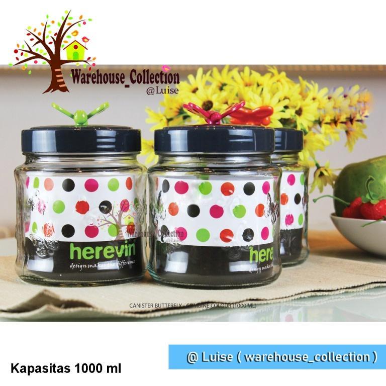 Toples Kaca Herevin 1000Ml/ Canister Butterfly Colour 142200-560/ Toples Tutup Drat / Toples Lebaran