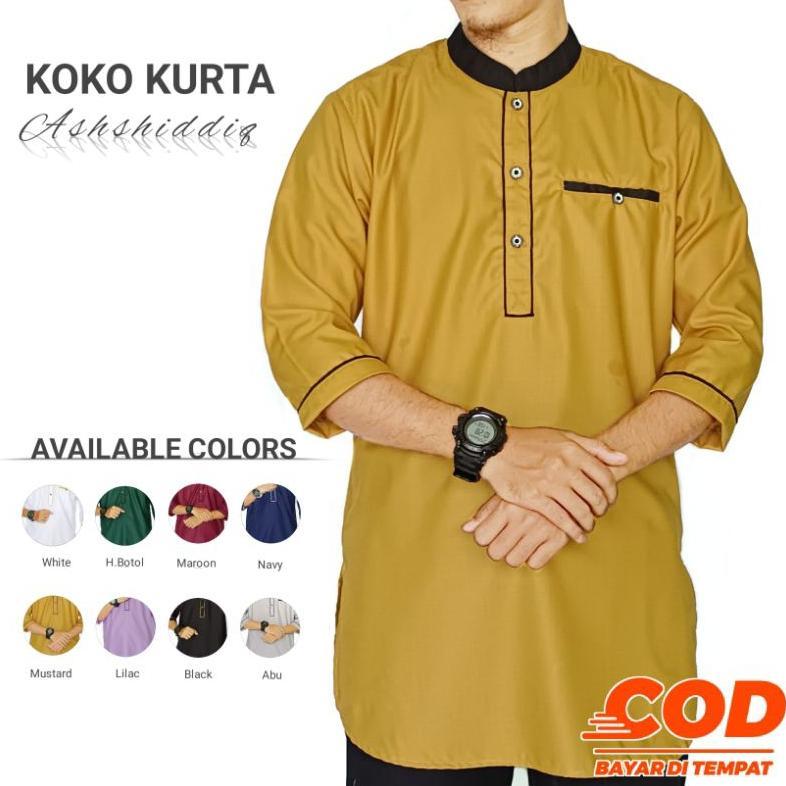 HOT KOKO KURTA ASHSHIDDIQ - BAJU KOKO KURTA PRIA DEWASA LENGAN 3/4 WARNA MUSTARD PUTIH HIJAU BOTOL M