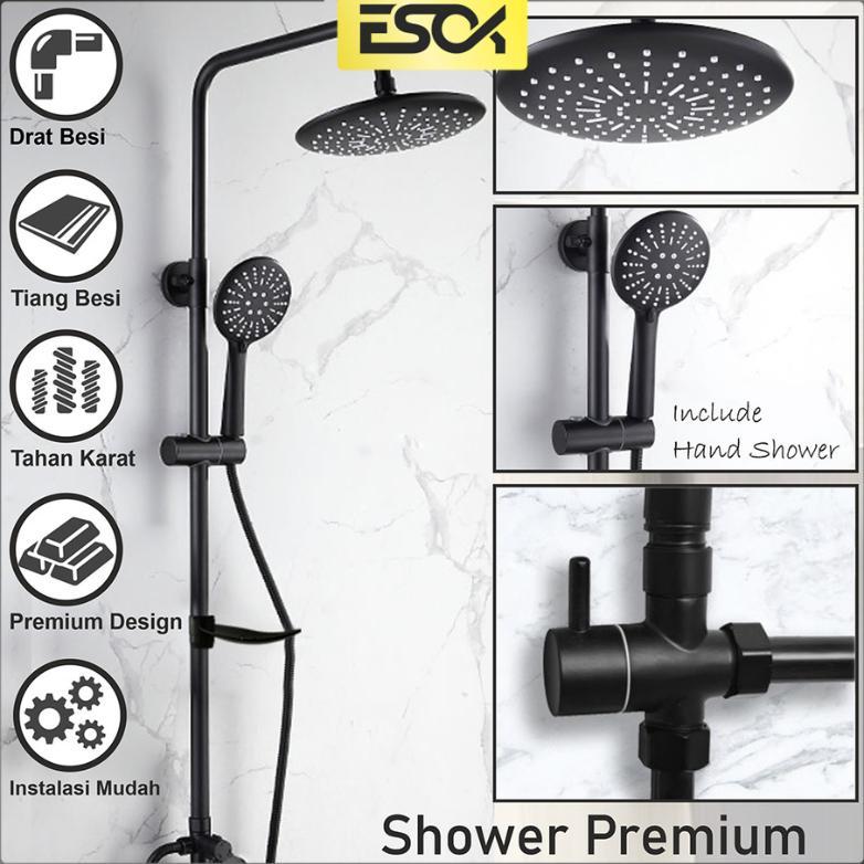ESOK Shower Tiang Set Minimalis Black / Hitam Paket Lengkap Shower Kamar Mandi