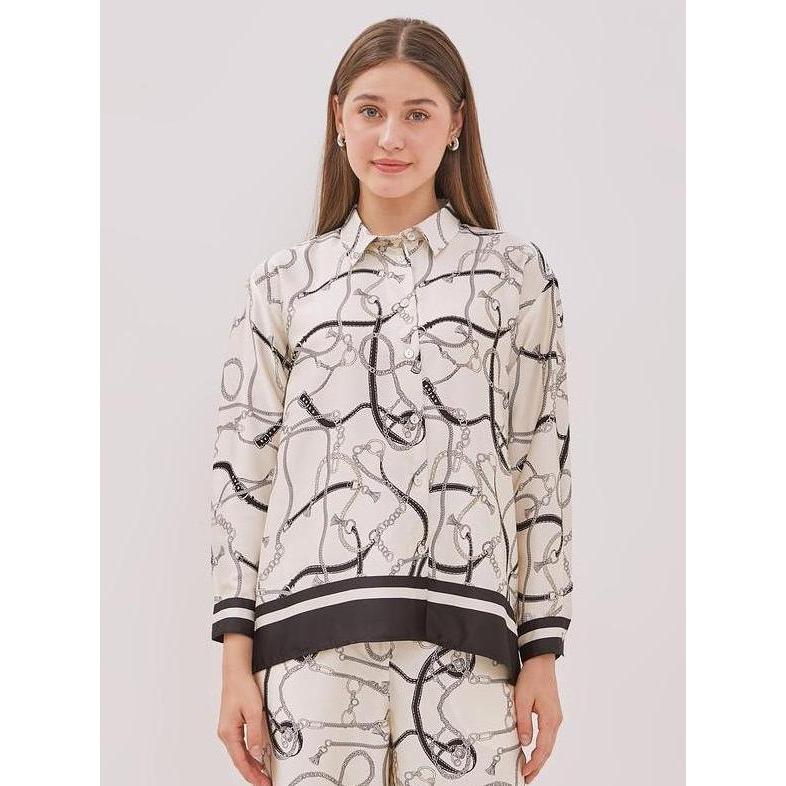 Bebasaja- Minimal - Chaineste - Chain Print Satin Shirt  - Beige