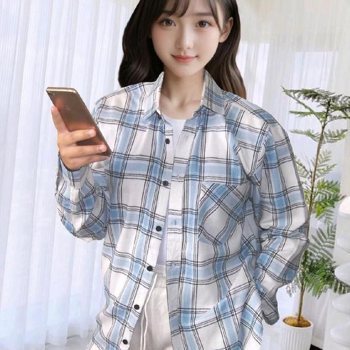 Bebasaja- Kemeja Wanita Bahan Flanel Import Lengan Panjang Kemeja Flanel Motif Kotak Atasan Nyaman K