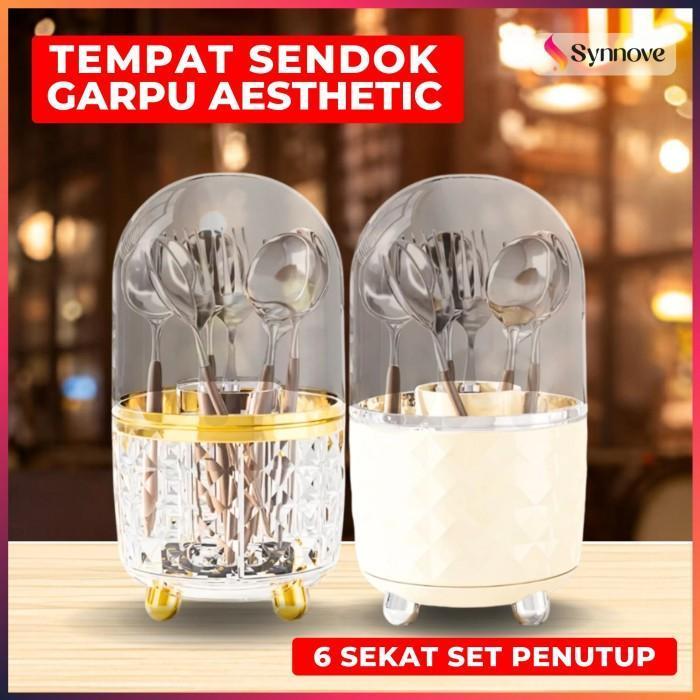Tempat Sendok Garpu Tertutup Bahan PET Food Grade Tempat Sendok Aesthetic Tertutup Bisa Diputar 360 