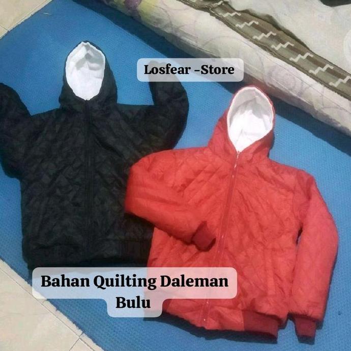 TERBARU ! JAKET QUILTING DALEMAN BULU SHERPA TEBAL HANGAT JAKET MUSIM DINGIN UNISEX HITAM - MERAH M-