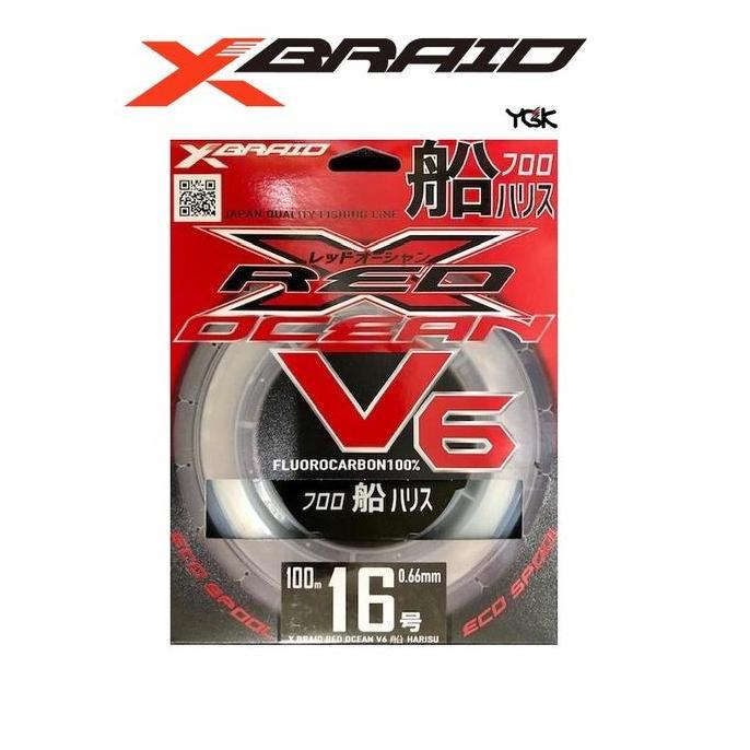 YGK X-Braid XBraid Red Ocean V6 Ship Harisu Fluorocarbon 100m Senar Leader Pancing