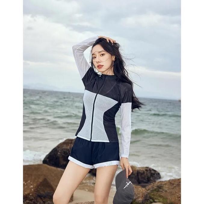 TMBM Savu 3-piece bikini baju renang swimwear swimsuit outer lengan panjang long sleeve white black 
