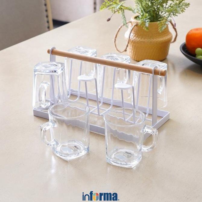 Informa Appetite 230 ml Set Milford Gelas Kaca Dengan Rak - Putih Organiser Tempat Penyimpanan Alat 