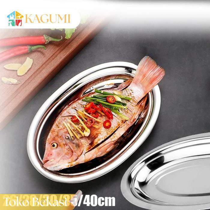 Kagumi Piring Saji Oval Stainless Steel Tebal Nampan Oval Untuk Kukus Tim Ikan Sate Sayuran Piring S