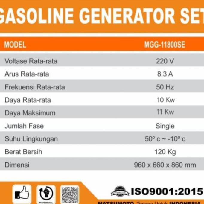 Matsumoto Generator Genset 10.000 Watt Mgg-11800 Se 10Kw 1Phase