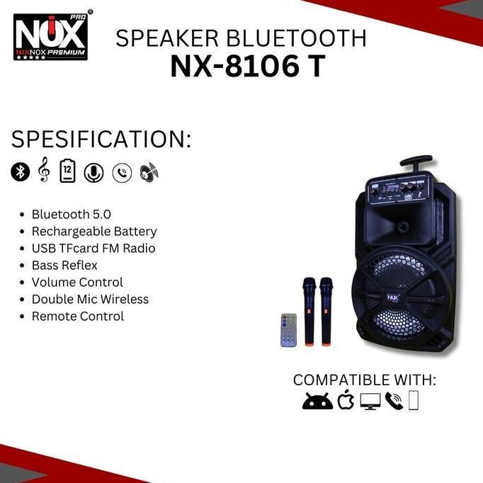 zefranze/ SPEAKER BLUETOOTH KARAOKE SIZE 8 INCH NIX NOX NX-8106 Free 2 Mic Wireless Speaker Fullbass