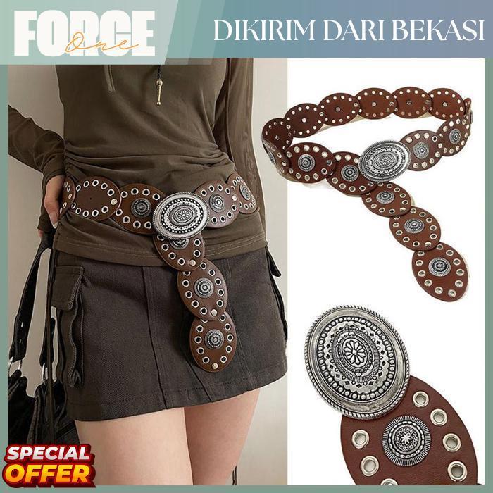 Force One Ikat Pinggang Etnis Vintage Model Oval Boho untuk Wanita, Sabuk Lebar Dekorasi Paku Akseso