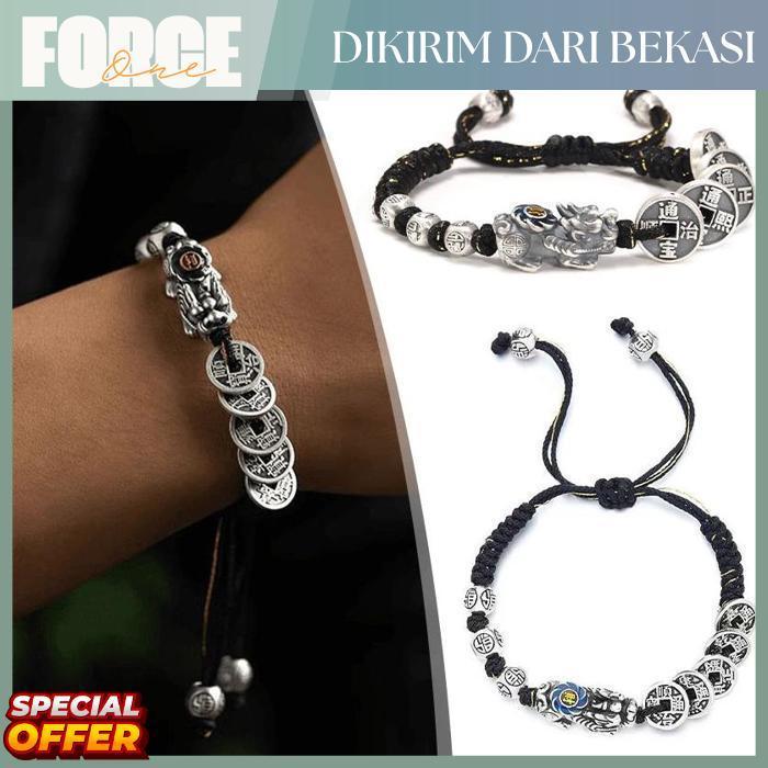 Force One Gelang pixiu titanium tali hitam pria feng shui asli perak pixiu gelang keberuntungan chin