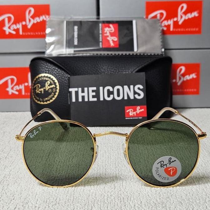 Kacamata Rayban Round Metal RB3447 001/58 Gold Lens Green Original