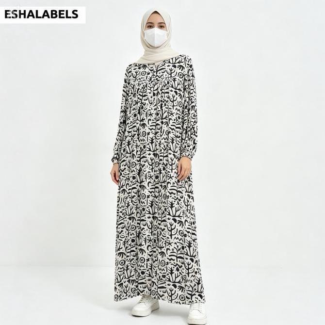 Tania Dress Gamis Rayon Viscose Busui Friendly Tanpa Hijab Manset Karet Tangan Semi Balon