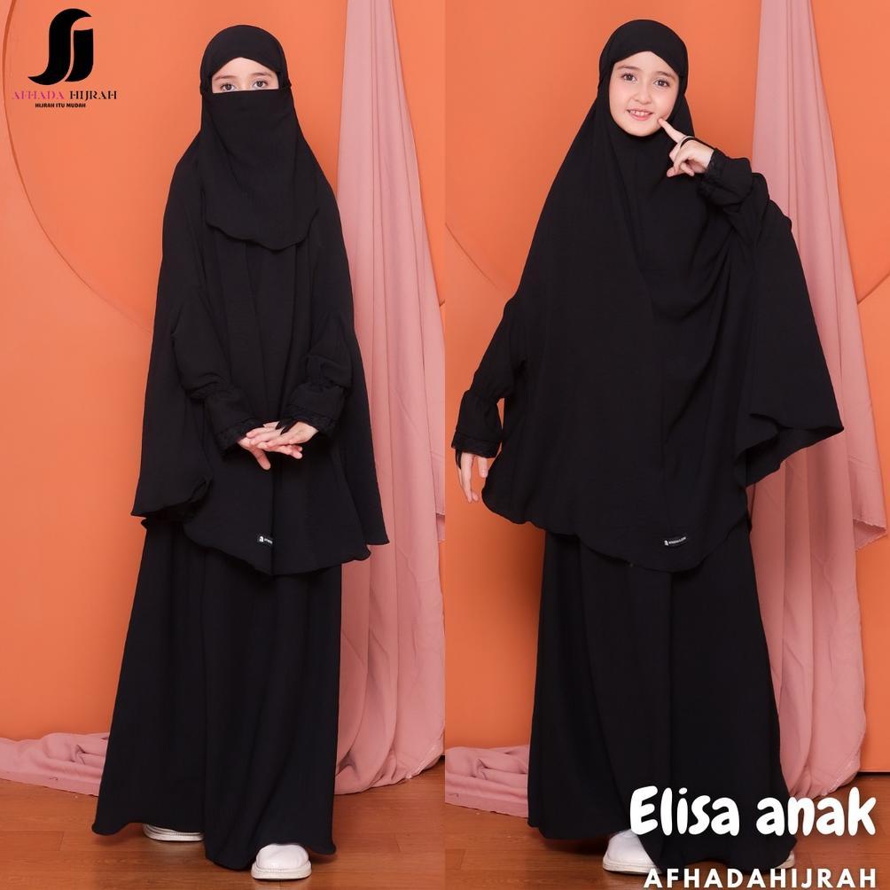 AFHADAHIJRAH - GAMIS ANAK PEREMPUAN SET CADAR ELISA CRINKLE AIRFLOW HITAM BAJU DAN HIJAB SYARI FREE 
