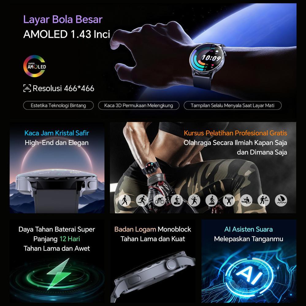 big promo morein plus gt2 smartwatch - layar amoled 1.43'' | casing logam | tahan air 1atm | 123 mod