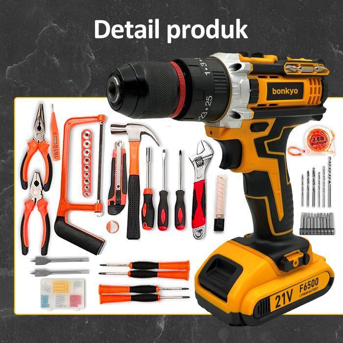 TOOLBOX Mesin Bor Baterai Bor Impact Set Bor Listrik Kotak Peralatan Multifungsi Bor Beton 2 baterai