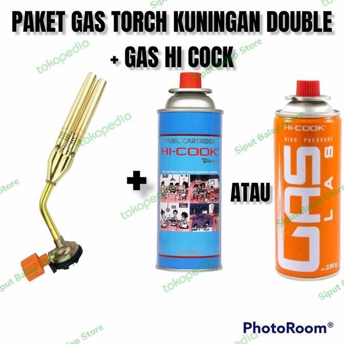 PAKET GAS TORCH KUNINGAN DOUBLE + ISI REFILL GAS HI COCK BIRU/ORANGE