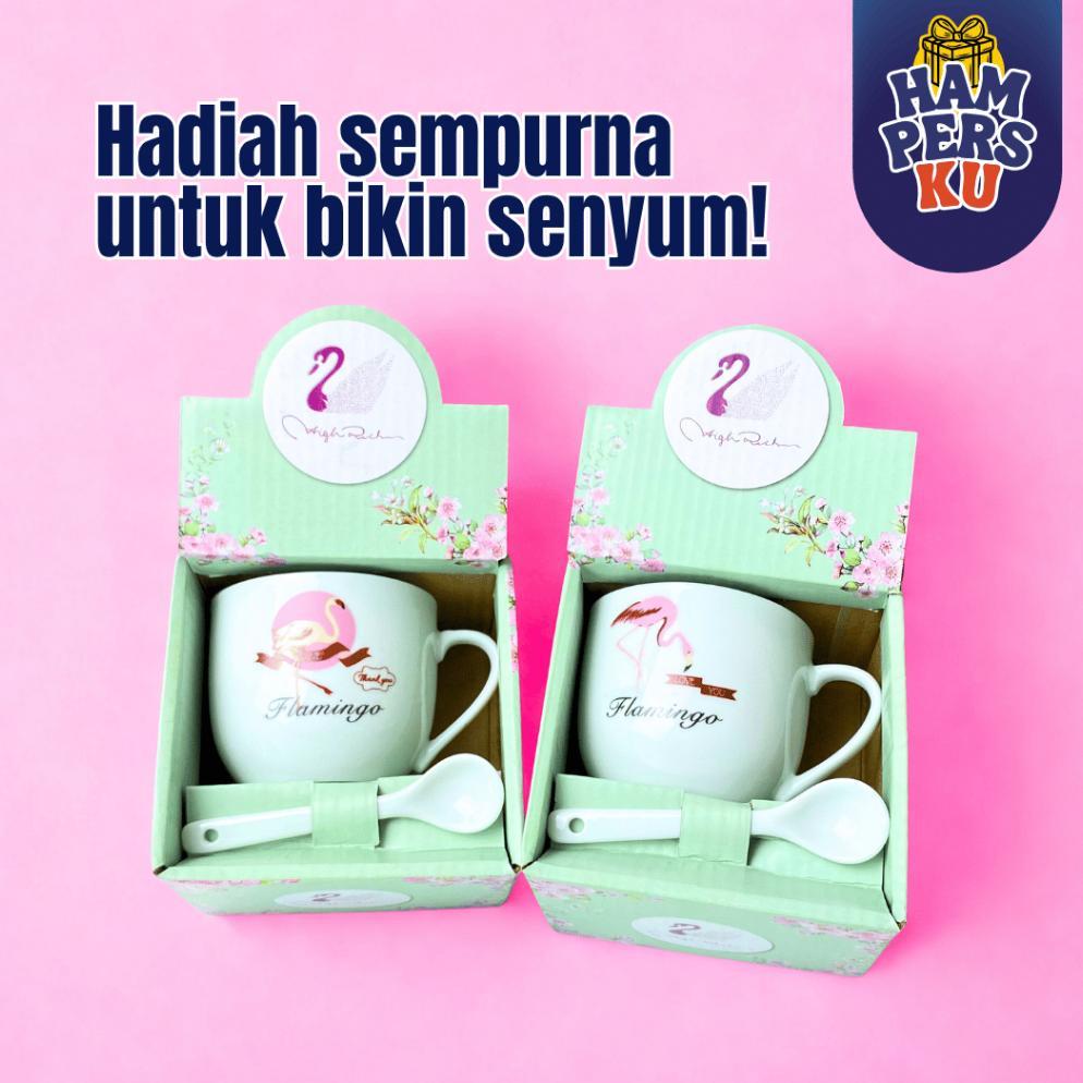 Best Seller Hampers Gelas Kopi Keramik Set Sendok Motif Flamingo Couple Free Box Eksklusif Estetik H