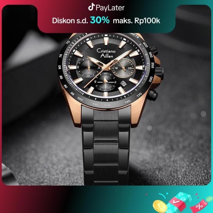 Clock- Cristiano Aillen Jam Tangan Pria Analog 8891 Rantai Stainless Steel Chronograph Kaca Sapphire