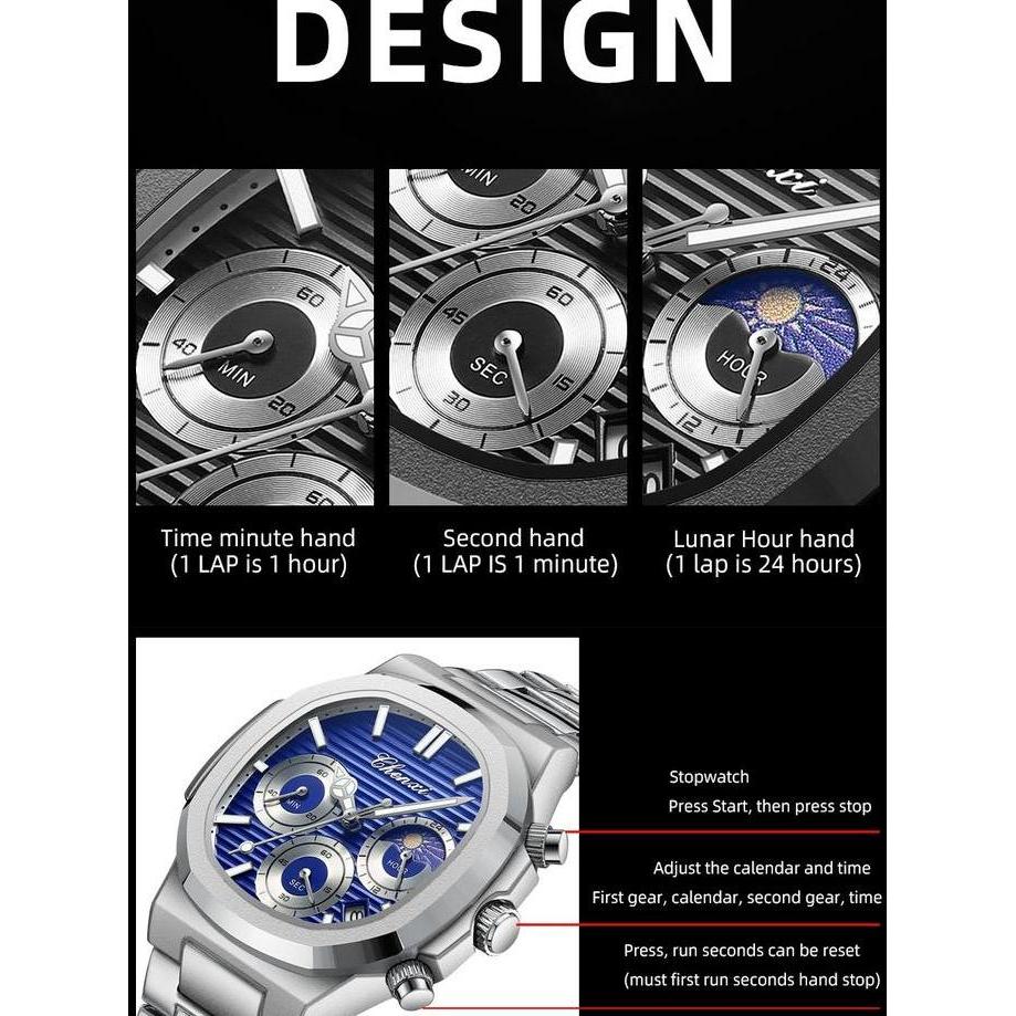 Clock- Cx 922 Jam Tangan Pria Baterai Kalender Chronograph Moon Phase Quartz Luminous Anti Air Tches