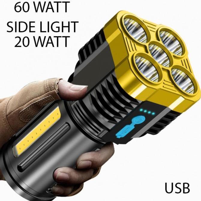 Lig- Senter Led 5 Mata 60W + 20W / Senter Led Chargeable / Senter Cas Led