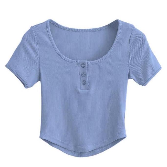 Abaka- Blouse - Wgle Crop Top Kancing Lengan Pendek - Baju Atasan Nita Kancing Rib Crop