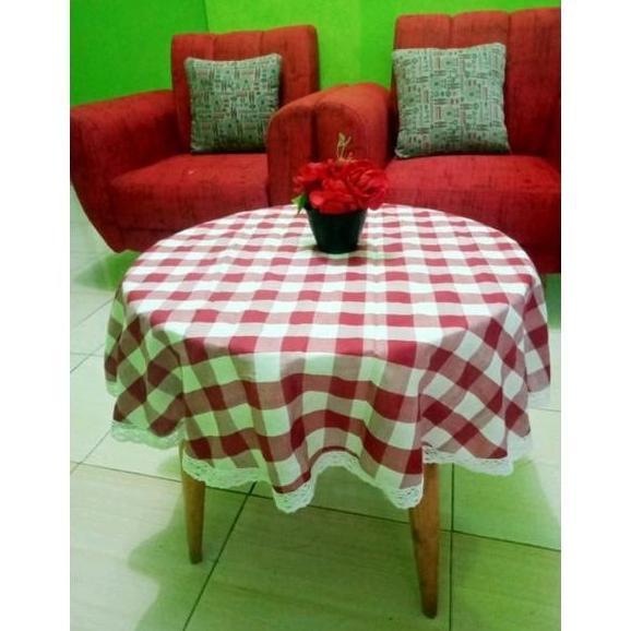 Taplak Meja Bundar Kain Motif Kotak Besar Dengan Renda Katun