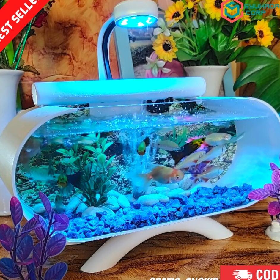 [Cod] 1 Set Aquarium Akrilik Cupang Mini Plus Mesin Aerator Air Mancur Dan Lampu Led Aquarium Bb002