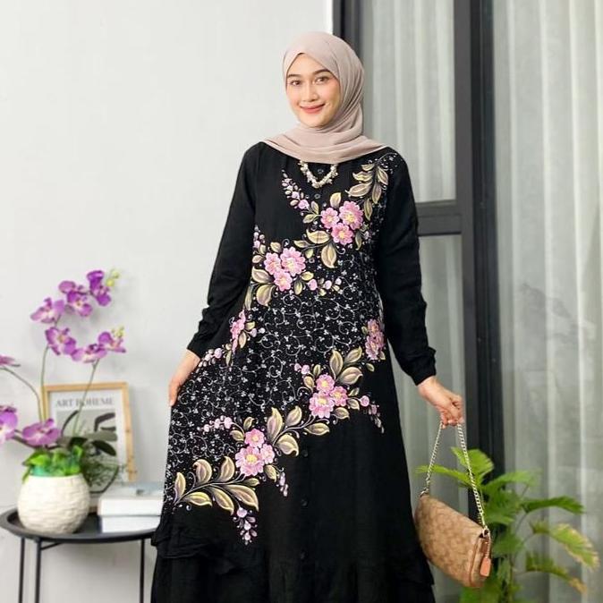 Arsy- Naya Batik - Gamis Twill Pekalongan Cap Malaman Bukan Sablon Motif Garis Lukis Bunga Dress Nit