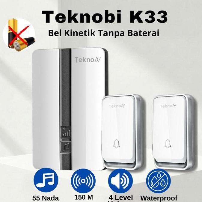 Teknobi Bel Rumah Wireless Kinetik K33 2 Transmitter Tanpa Baterai Tahan Air IP44 dengan Lampu LED R