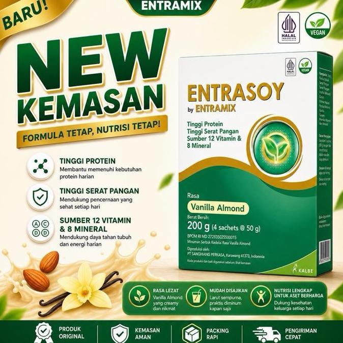 ENTRASOY VANILLA ALMOND SOYA 200 GR | SUSU NUTRISI DEWASA TINGGI PROTEIN SERAT