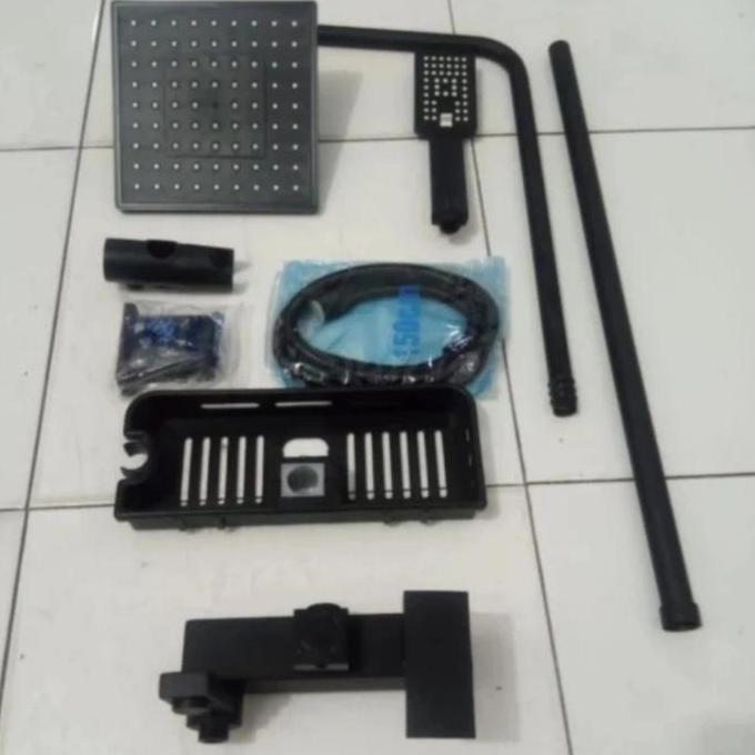 Shower Tiang Panas Dingin Komplit Set Tempat Sabun Shower Tiang Hitam