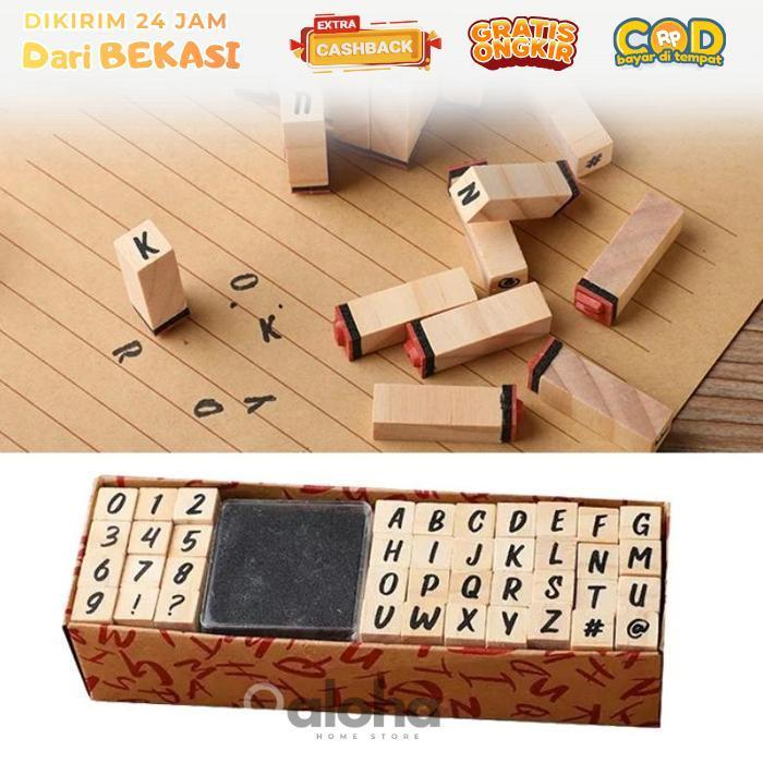ALHM - 40pcs Wooden Stamp Alphabet Number Set Stempel Huruf Dan Angka Lengkap