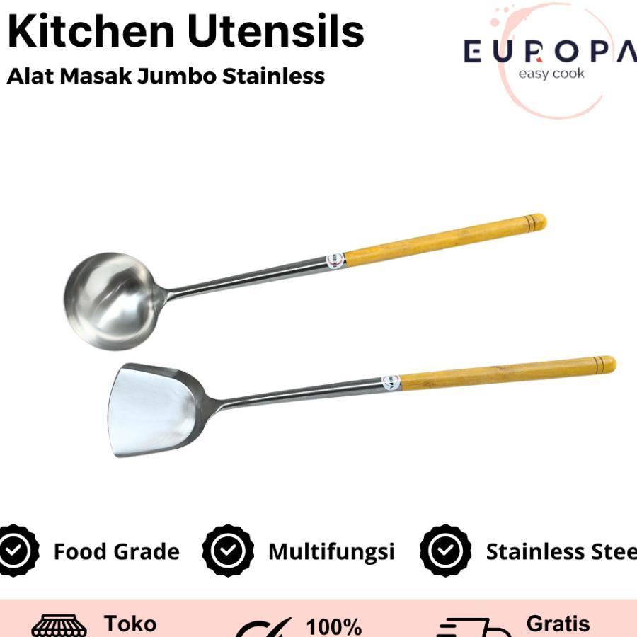 Spatula Sodet Stainless Gagang Kayu Jumbo Panjang / Sodet Spatula Besar Anti Panas Europa