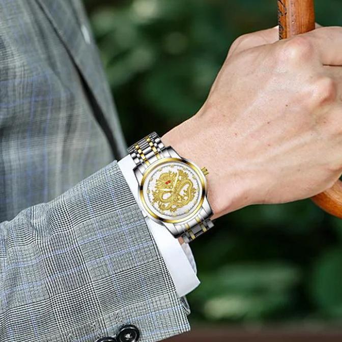 Horfa- Sunlifex Jam Tangan Pria Stainless Steel Quartz Dragon Gold