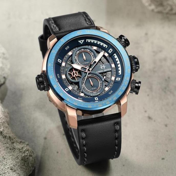 Orologio- Evans Jayden Jam Tangan Pria 9466 Kulit Kaca Sapphire Chronograph Ter Resistant 5 Atm Tche