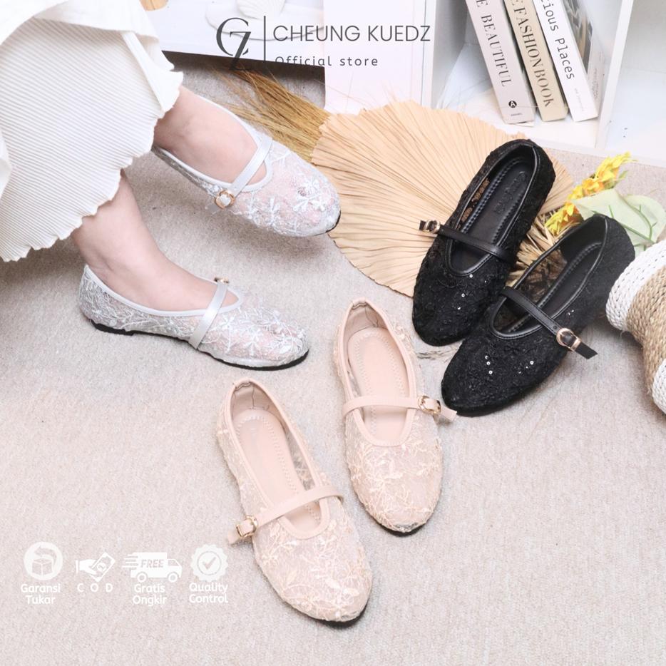 Cash Back Cz - Cheung Kuedz Melodi Flat Shoes Wanita Bahan Brukat Motif Marry-Jane