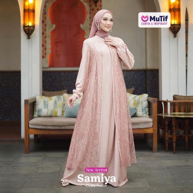 MUTIF  Gamis Wanita Dewasa Samiya Dusty Peach Set Outer Brukat Dress Panjang Busui Wudhu Friendly
