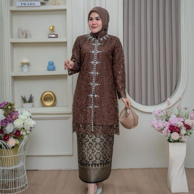 TK_Set Kebaya Tunik Andara Busui Tulle Bordir Full Payet Resleting Depan Rok Songket Lilit Kerah San